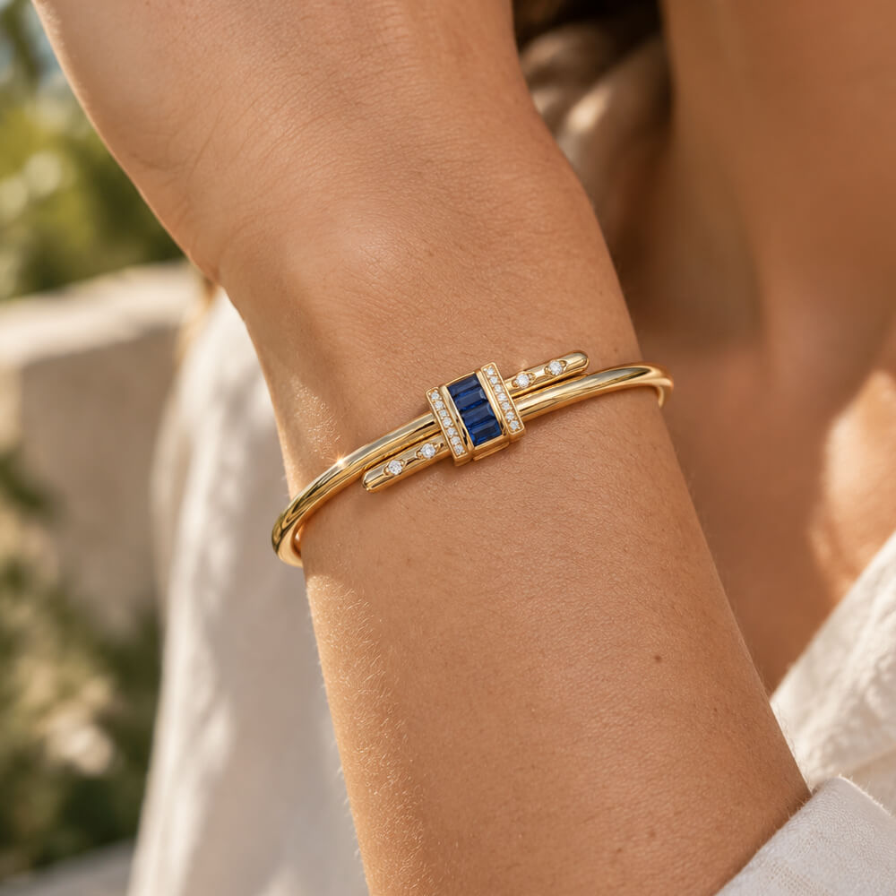 Unique Design Yellow Gold Baguette Cut Blue Sapphire Bangle Bracelet For Women