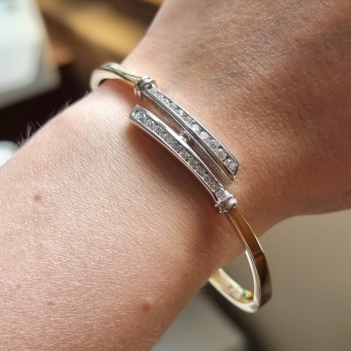 Unique Two Tone Round Cut White Sapphire Bangle Bracelet For Women