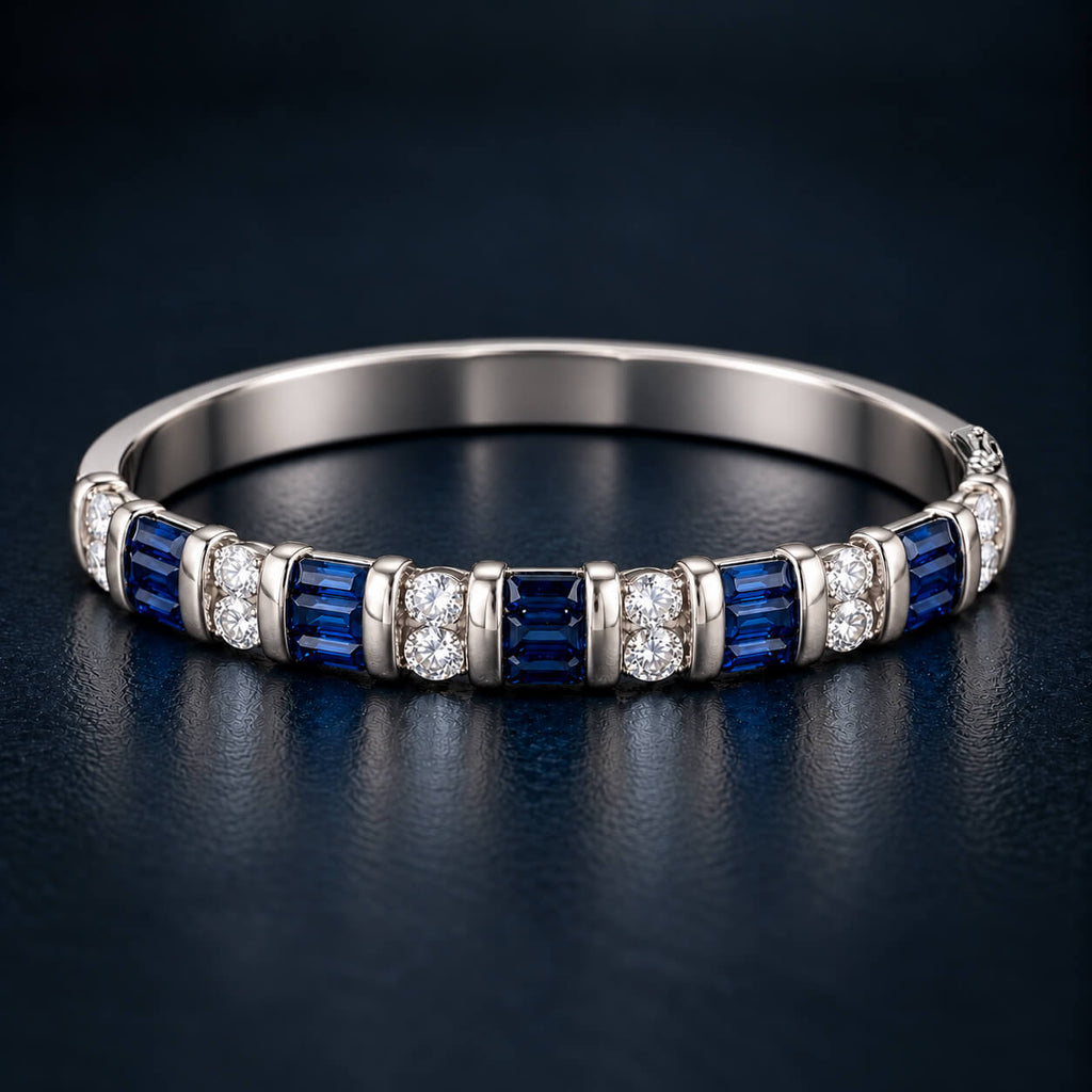 Luxury Jewelry Vintage Vertical Channel Baguette & Round Cut Blue & White Sapphire Bangle Bracelet For Women