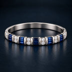 Luxury Jewelry Vintage Vertical Channel Baguette & Round Cut Blue & White Sapphire Bangle Bracelet For Women