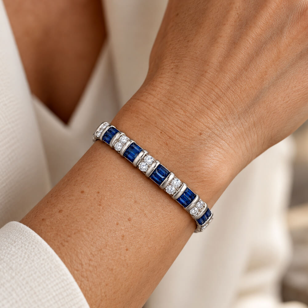 Luxury Jewelry Vintage Vertical Channel Baguette & Round Cut Blue & White Sapphire Bangle Bracelet For Women