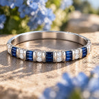 Luxury Jewelry Vintage Vertical Channel Baguette & Round Cut Blue & White Sapphire Bangle Bracelet For Women