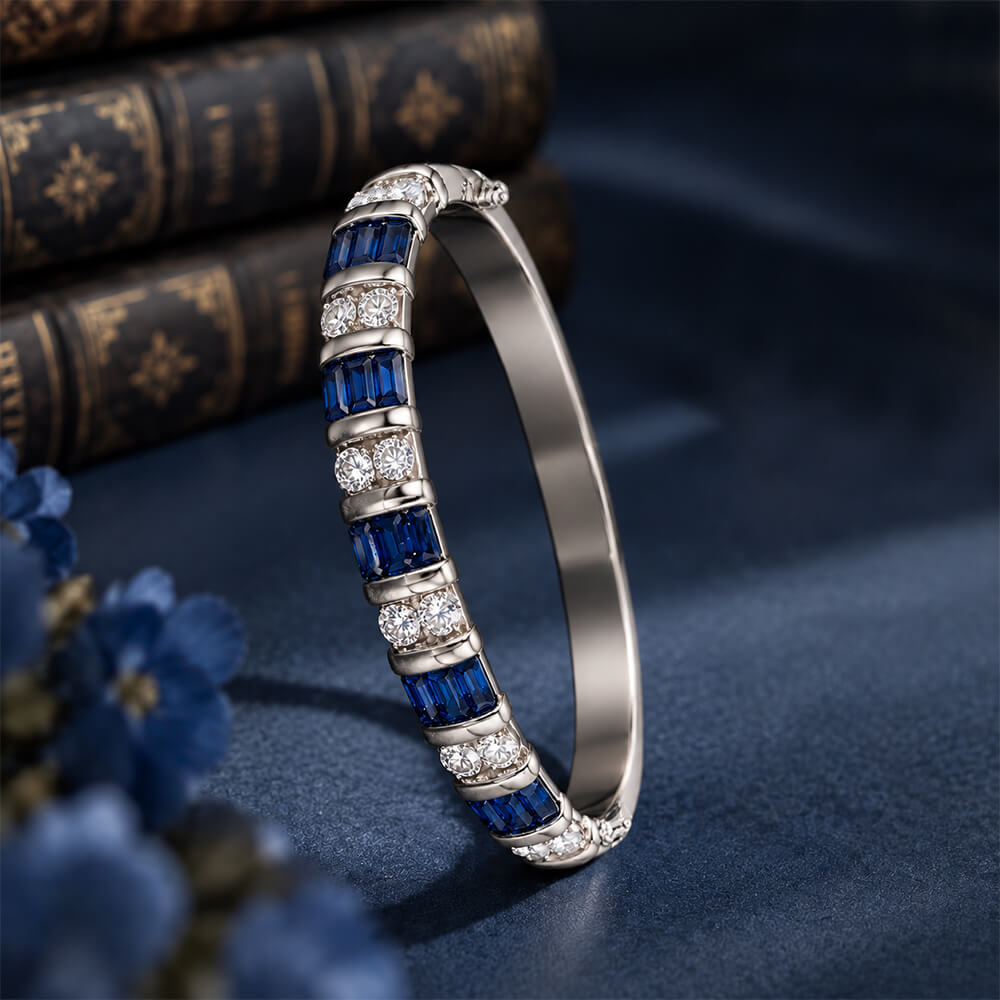 Luxury Jewelry Vintage Vertical Channel Baguette & Round Cut Blue & White Sapphire Bangle Bracelet For Women
