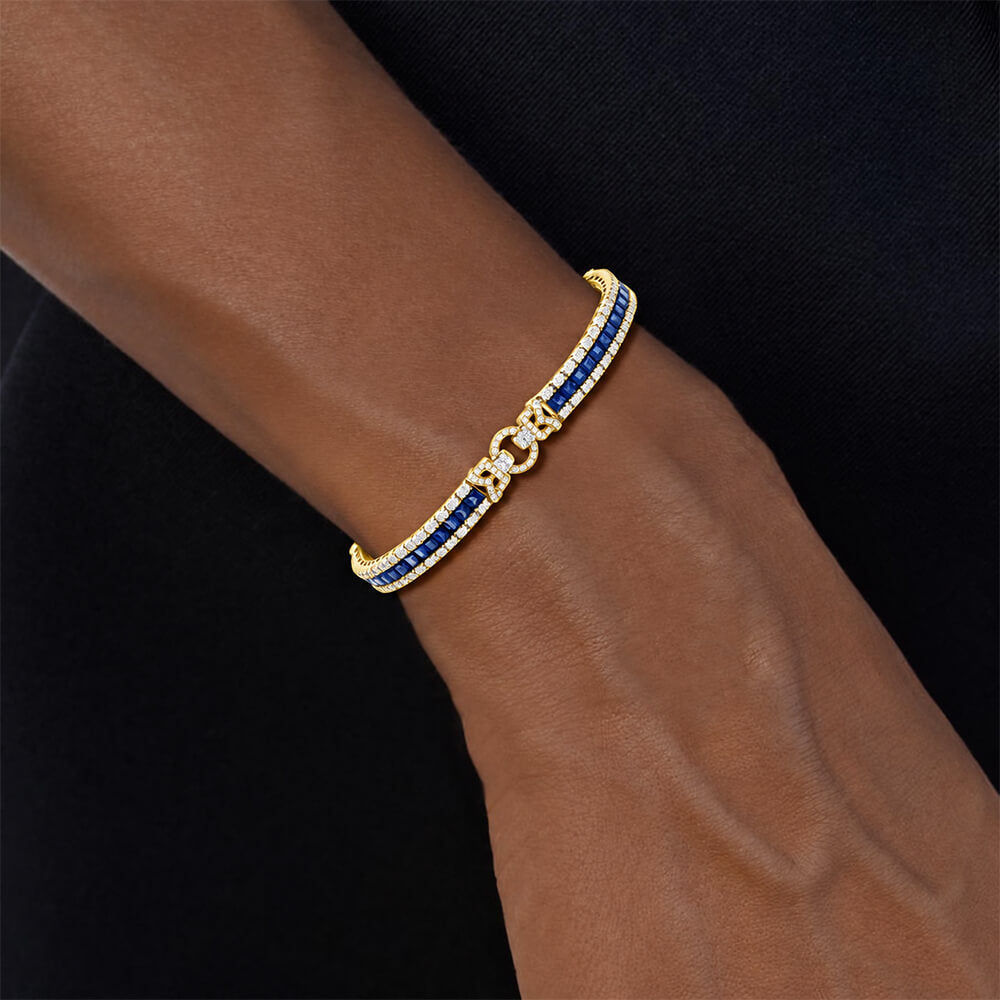 Art Deco Yellow Gold Asscher Cut Blue & White Sapphire Tennis Bracelet For Women