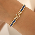 Art Deco Yellow Gold Asscher Cut Blue & White Sapphire Tennis Bracelet For Women