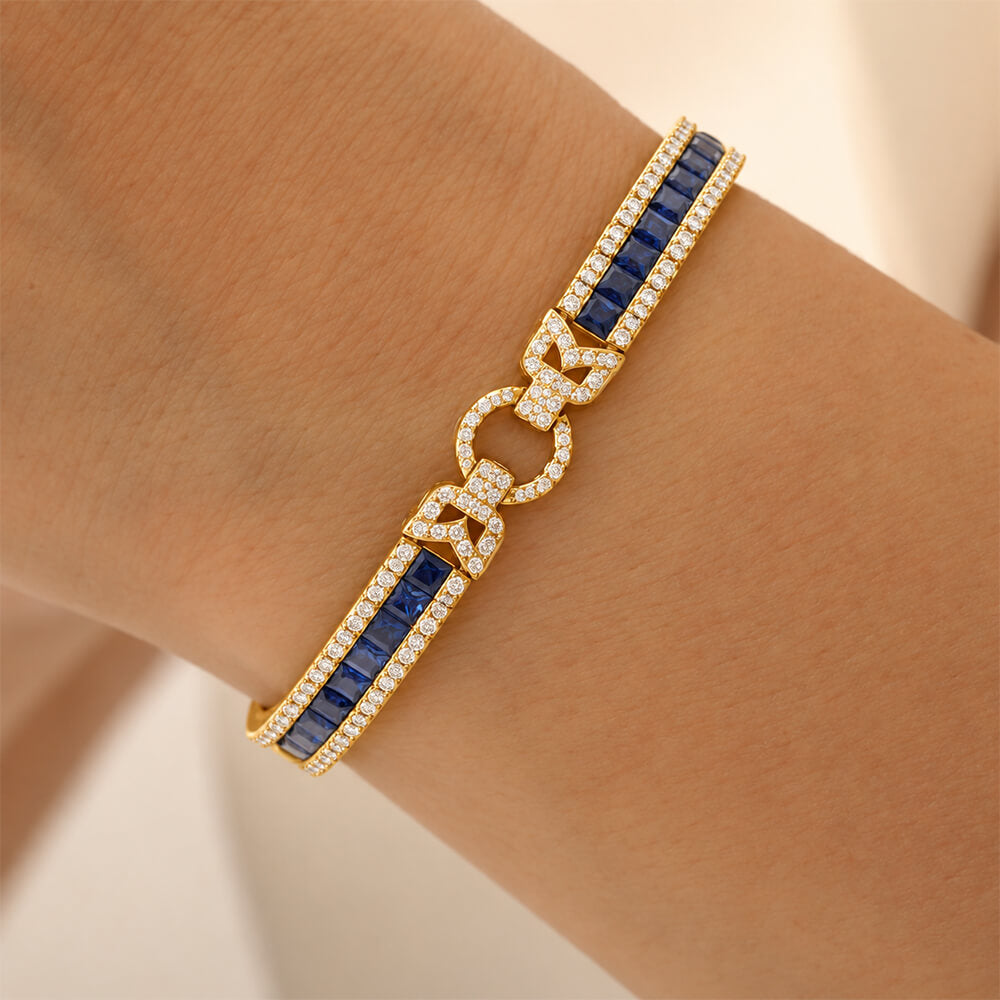 Art Deco Yellow Gold Asscher Cut Blue & White Sapphire Tennis Bracelet For Women