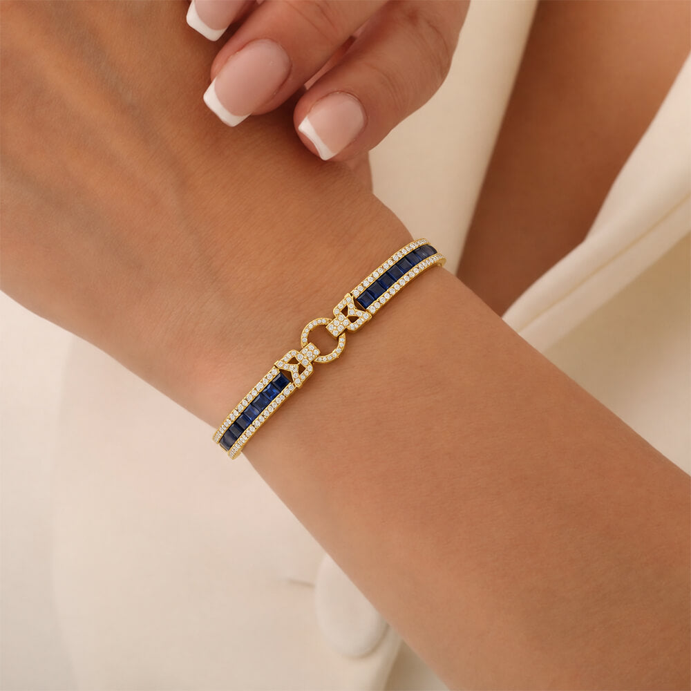 Art Deco Yellow Gold Asscher Cut Blue & White Sapphire Tennis Bracelet For Women