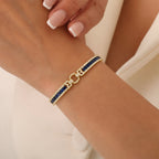 Art Deco Yellow Gold Asscher Cut Blue & White Sapphire Tennis Bracelet For Women