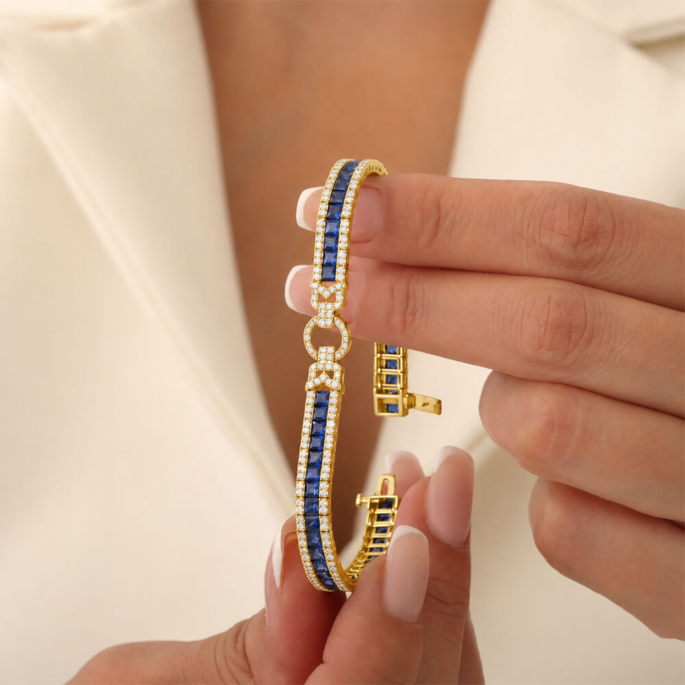 Art Deco Yellow Gold Asscher Cut Blue & White Sapphire Tennis Bracelet For Women