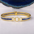 Art Deco Yellow Gold Asscher Cut Blue & White Sapphire Tennis Bracelet For Women