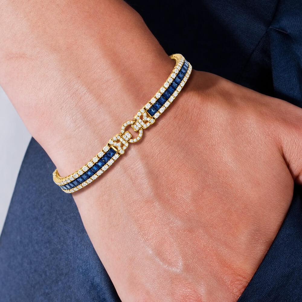 Art Deco Yellow Gold Asscher Cut Blue & White Sapphire Tennis Bracelet For Women