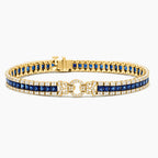 Art Deco Yellow Gold Asscher Cut Blue & White Sapphire Tennis Bracelet For Women