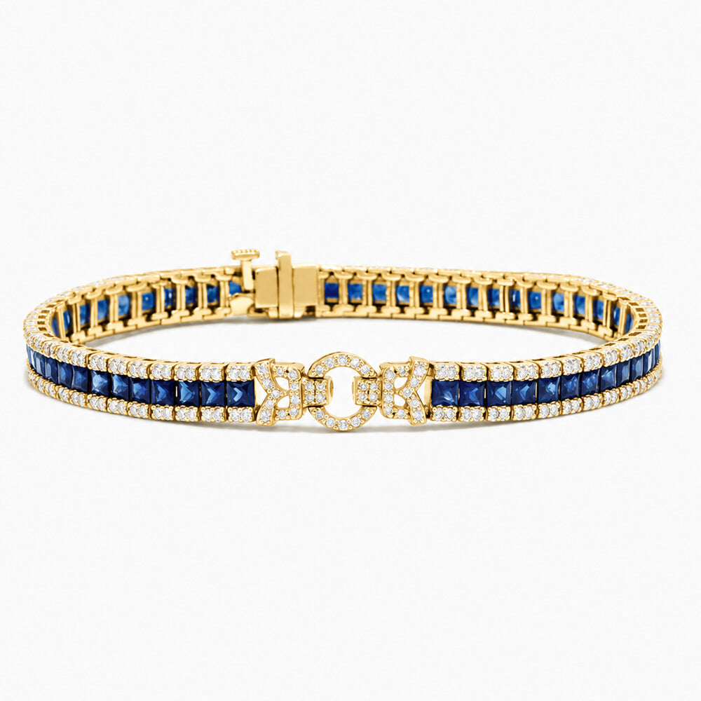 Art Deco Yellow Gold Asscher Cut Blue & White Sapphire Tennis Bracelet For Women