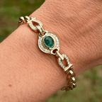 Vintage Yellow Gold Halo Bezel Oval Cut Emerald & White Sapphire Bracelet For Women