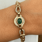 Vintage Yellow Gold Halo Bezel Oval Cut Emerald & White Sapphire Bracelet For Women