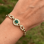 Vintage Yellow Gold Halo Bezel Oval Cut Emerald & White Sapphire Bracelet For Women