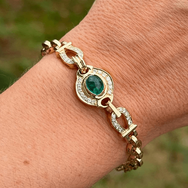 Vintage Yellow Gold Halo Bezel Oval Cut Emerald & White Sapphire Bracelet For Women
