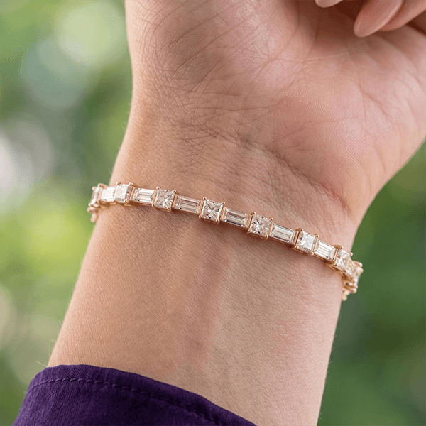 Luxury Jewelry Yellow Gold Asscher & Baguette Cut White Sapphire Tennis Bracelet For Women