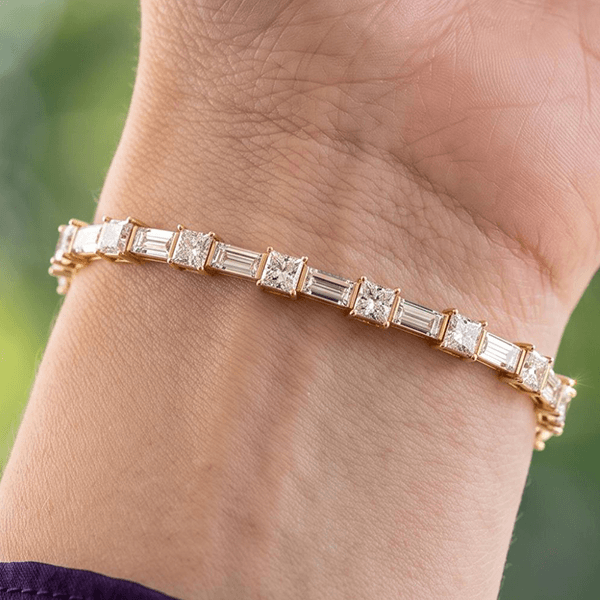 Luxury Jewelry Yellow Gold Asscher & Baguette Cut White Sapphire Tennis Bracelet For Women
