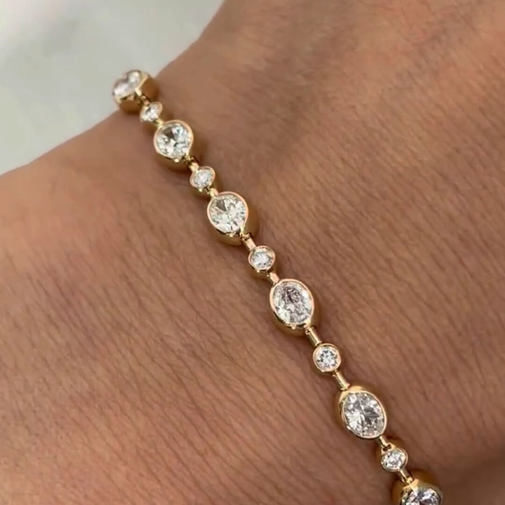 Classic Bezel Yellow Gold Oval & Round Cut White Sapphire Line Tennis Bracelet For Women