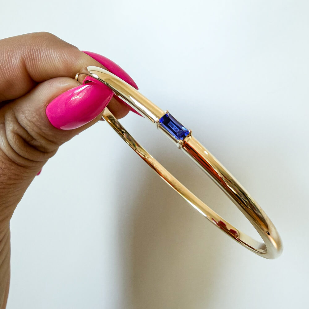 Luxury Jewelry Solitaire Yellow Gold Baguette Cut Blue Sapphire Bangle Bracelet For Women
