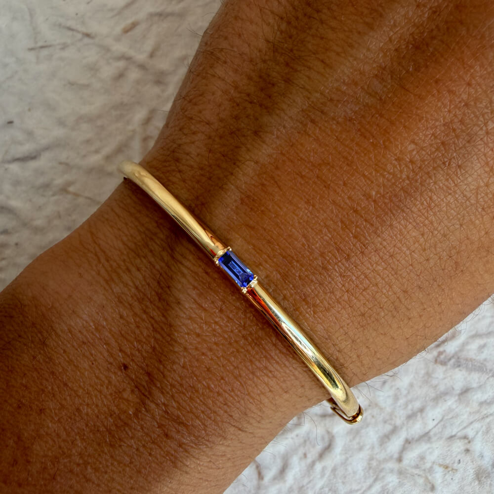 Luxury Jewelry Solitaire Yellow Gold Baguette Cut Blue Sapphire Bangle Bracelet For Women