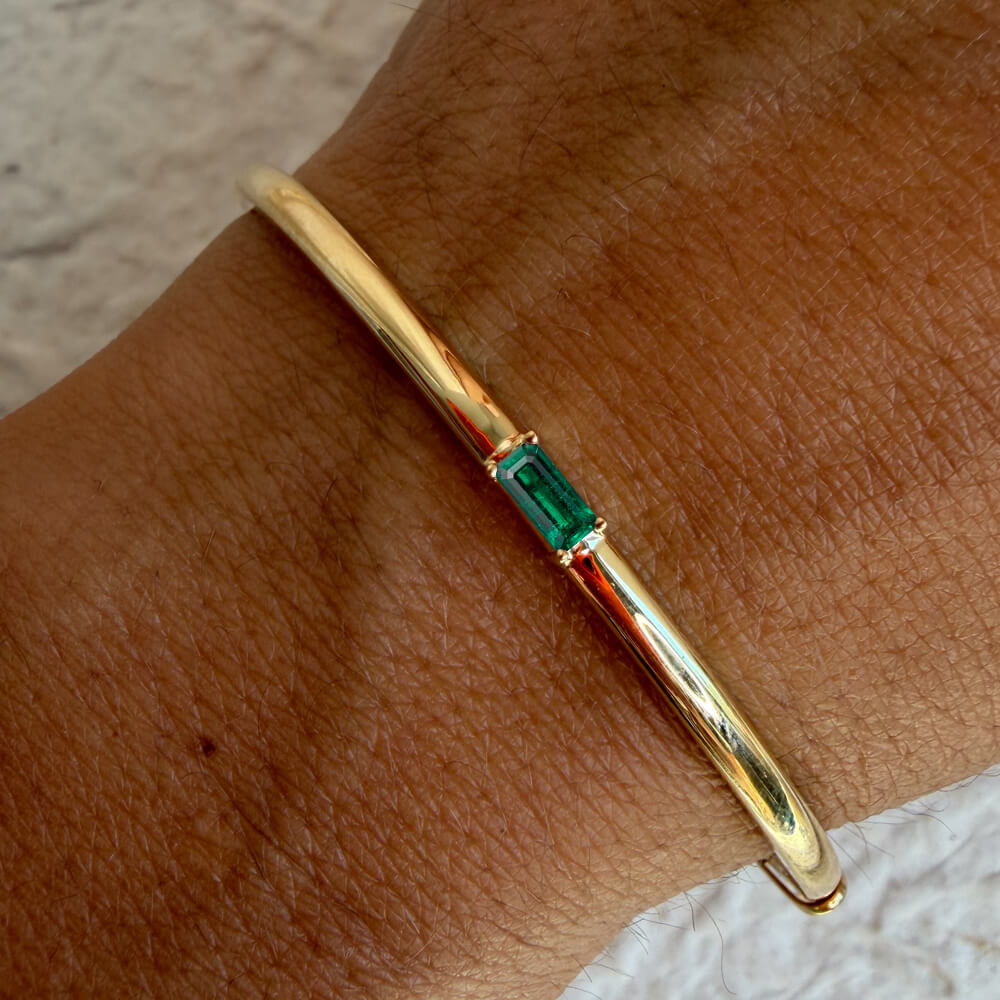 Solitaire Yellow Gold Baguette Cut Emerald Sapphire Bangle Bracelet For Women