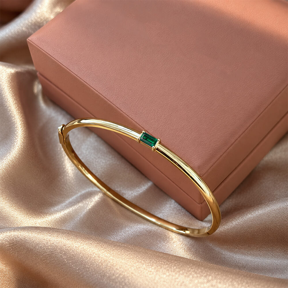 Solitaire Yellow Gold Baguette Cut Emerald Sapphire Bangle Bracelet For Women