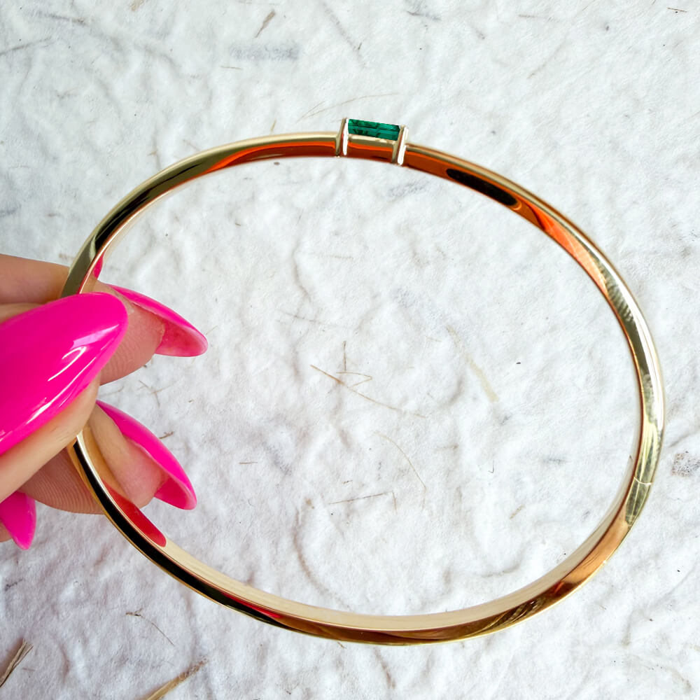Solitaire Yellow Gold Baguette Cut Emerald Sapphire Bangle Bracelet For Women