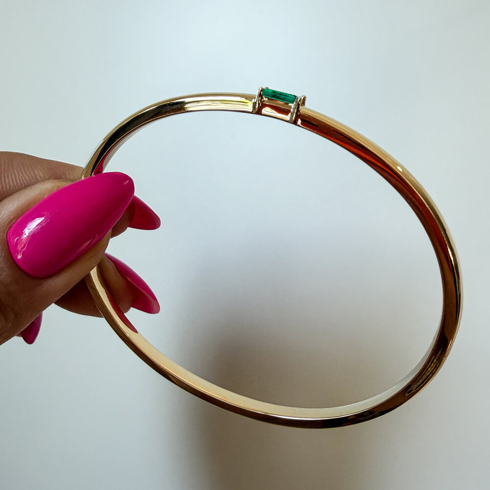Solitaire Yellow Gold Baguette Cut Emerald Sapphire Bangle Bracelet For Women