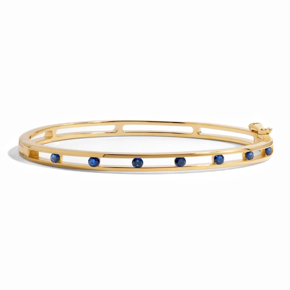 Unique Design Yellow Gold Round Cut Blue Sapphire Bangle Bracelet For Women