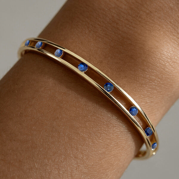 Unique Design Yellow Gold Round Cut Blue Sapphire Bangle Bracelet For Women