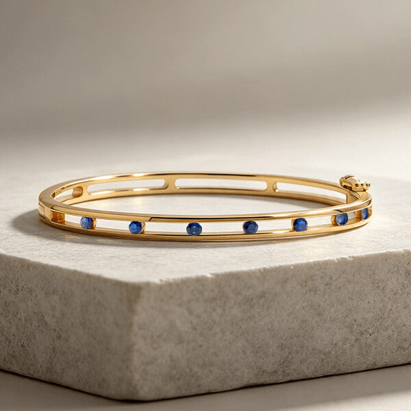 Unique Design Yellow Gold Round Cut Blue Sapphire Bangle Bracelet For Women