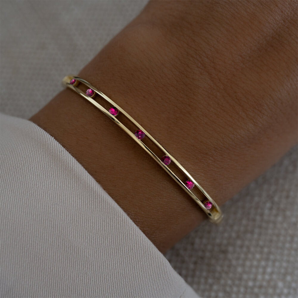 Unique Design Yellow Gold Round Cut Ruby Sapphire Bangle Bracelet For Women