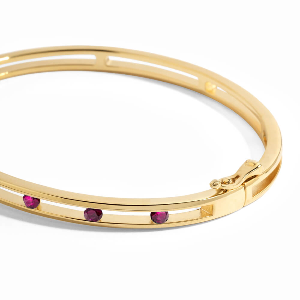 Unique Design Yellow Gold Round Cut Ruby Sapphire Bangle Bracelet For Women