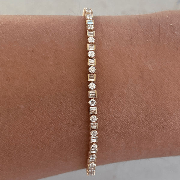Classic Yellow Gold Round & Baguette Cut White Sapphire Tennis Bracelet For Women