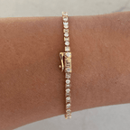 Classic Yellow Gold Round & Baguette Cut White Sapphire Tennis Bracelet For Women