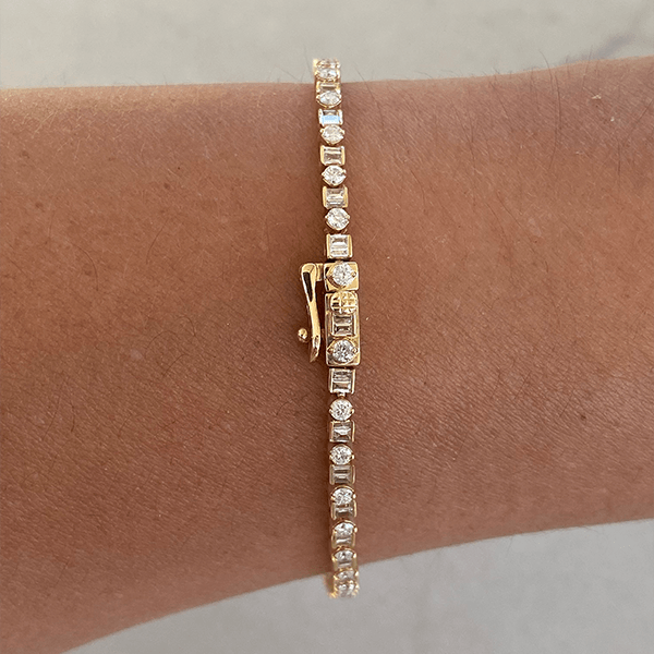 Classic Yellow Gold Round & Baguette Cut White Sapphire Tennis Bracelet For Women