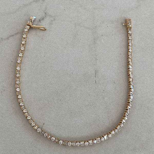 Classic Yellow Gold Round & Baguette Cut White Sapphire Tennis Bracelet For Women