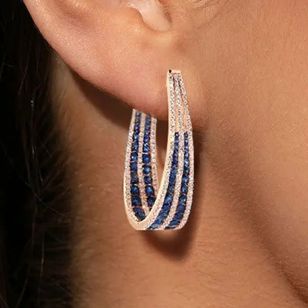 Rose Gold Multi Row Round Cut Blue Sapphire Hoop Earrings For Women belovegrace.com