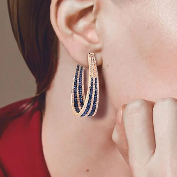 Rose Gold Multi Row Round Cut Blue Sapphire Hoop Earrings For Women belovegrace.com