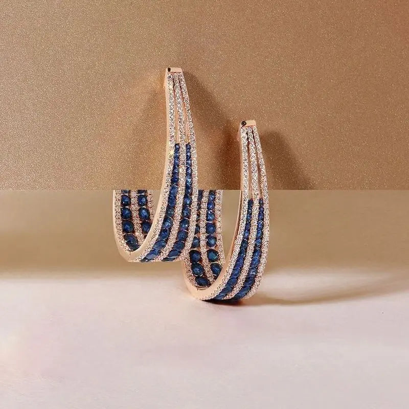 Rose Gold Multi Row Round Cut Blue Sapphire Hoop Earrings For Women belovegrace.com
