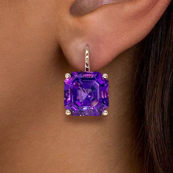 Elegant Golden Asscher Cut Amethyst Sapphire Drop Earrings For Women Belovegrace