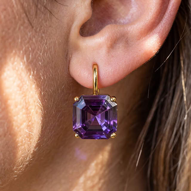 Solitaire Asscher Cut Amethyst Sapphire Purple Sapphire Drop Earrings For Women