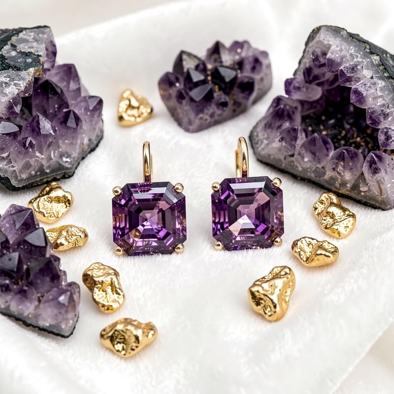Solitaire Asscher Cut Amethyst Sapphire Purple Sapphire Drop Earrings For Women
