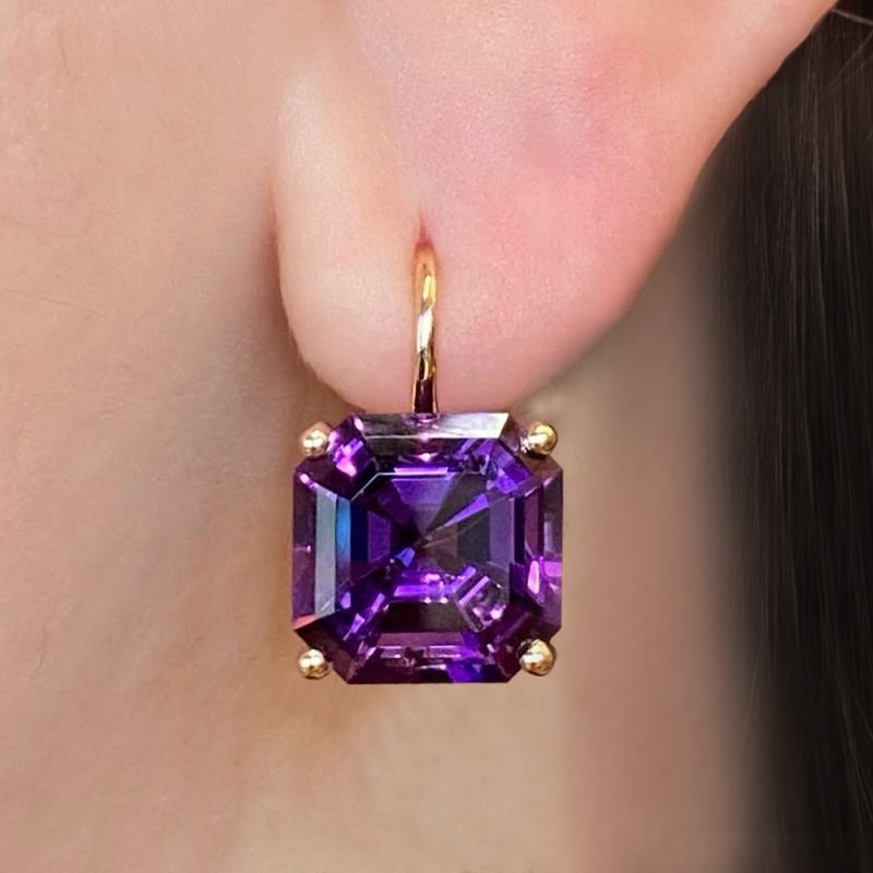 Elegant Golden Asscher Cut Amethyst Sapphire Drop Earrings For Women Belovegrace