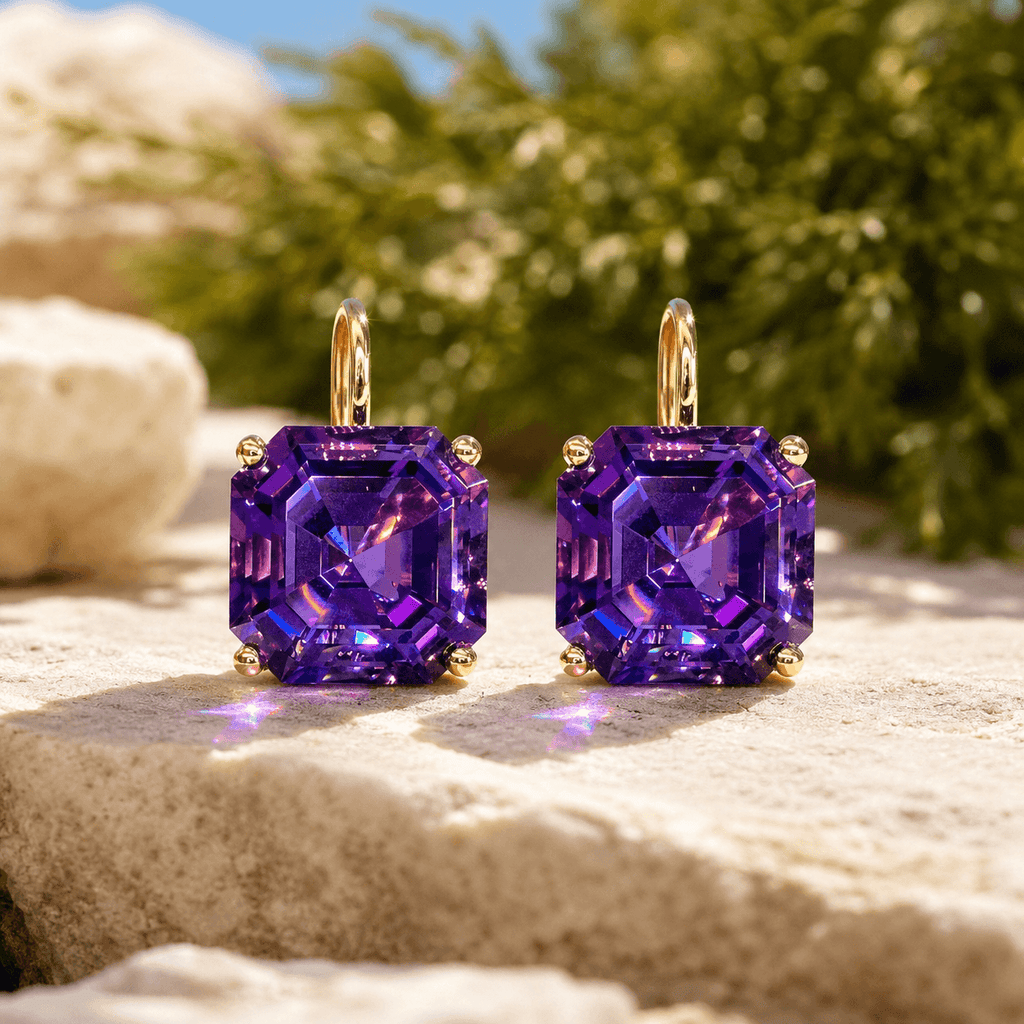 Solitaire Asscher Cut Amethyst Sapphire Purple Sapphire Drop Earrings For Women