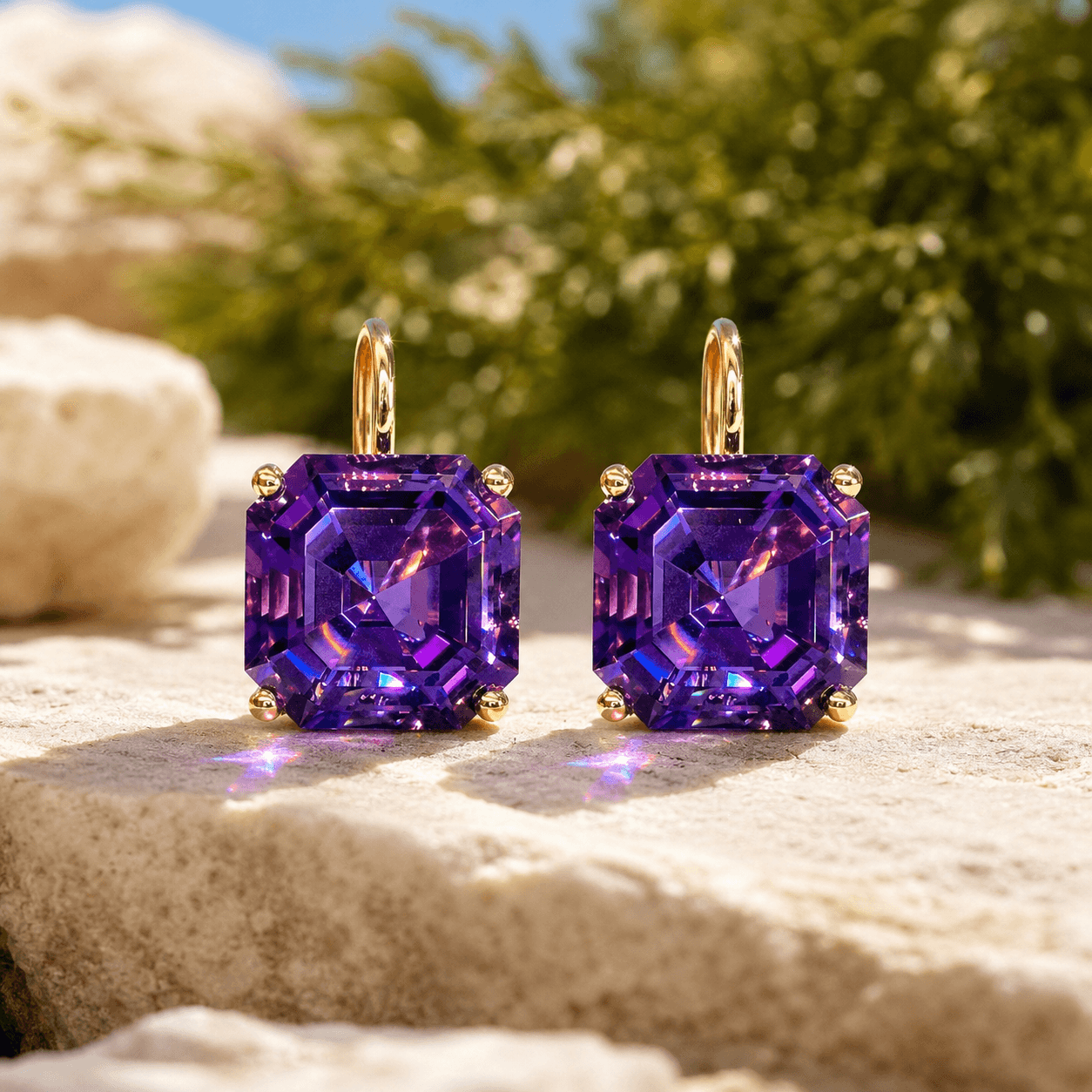 Solitaire Asscher Cut Amethyst Sapphire Purple Sapphire Drop Earrings For Women