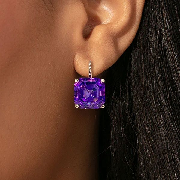 Elegant Golden Asscher Cut Amethyst Sapphire Drop Earrings For Women Belovegrace