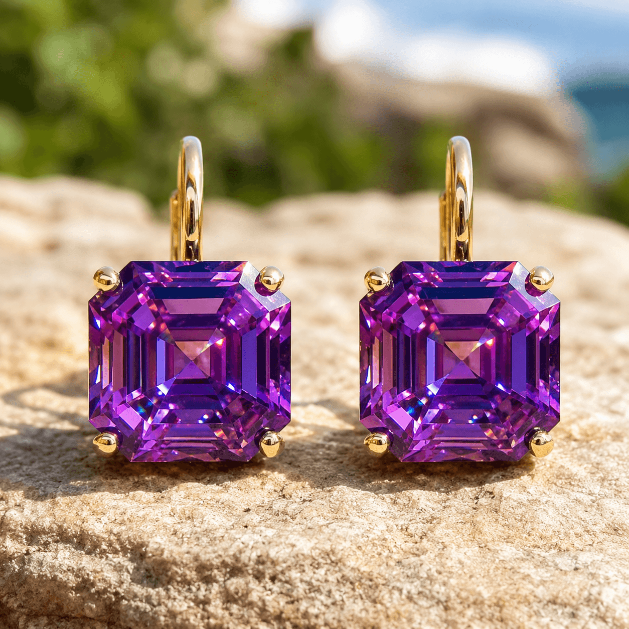 Solitaire Asscher Cut Amethyst Sapphire Purple Sapphire Drop Earrings For Women